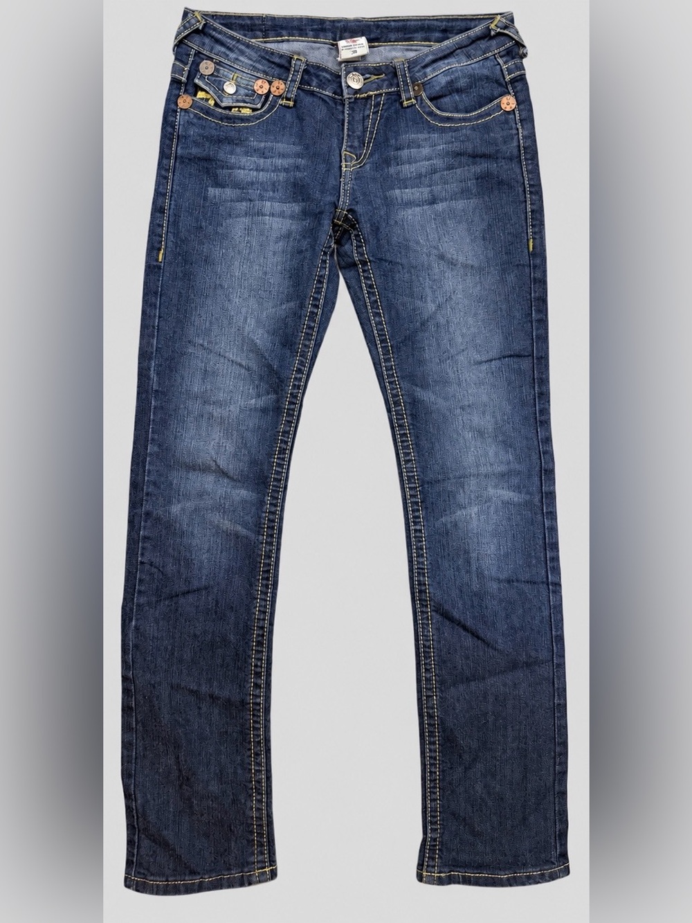 True Religion Dark-Wash Jeans — Yellow Horseshoe Pockets — Size 28